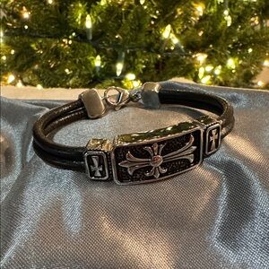 Black Leather Bracelet with Stainless Steel Antiqued Cross Design Unisex 8"